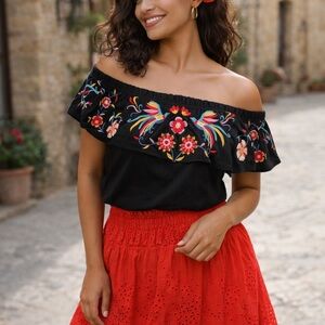 Black Off-Shoulder Top with Floral Embroidery